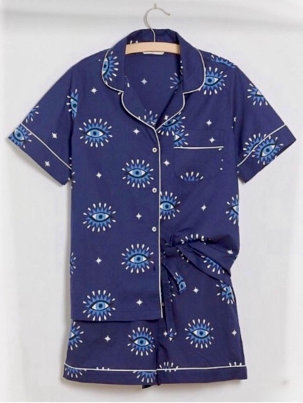 EUC PRINTFRESH Luxury Eyes Of The World Short Pajama Set L Navy Blue/White
